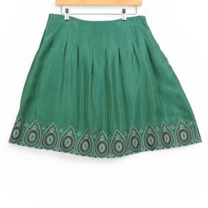 BCBGMAXAZRIA Womens Silk Skirt 8 Green Embroidered Hem Boho Fairycore Y2K Mini